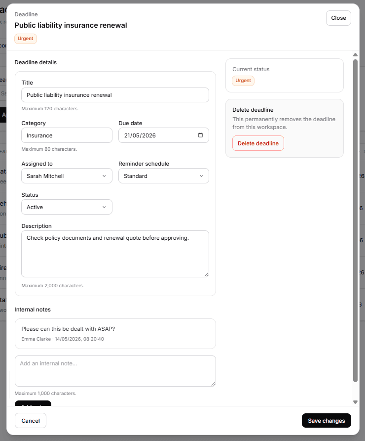 AdminFlow deadline detail modal showing compliance deadline notes, owner and due date
